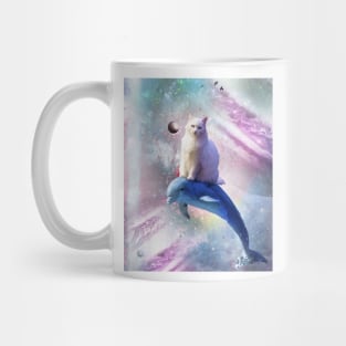 Space Cat Riding Dolphin Mug